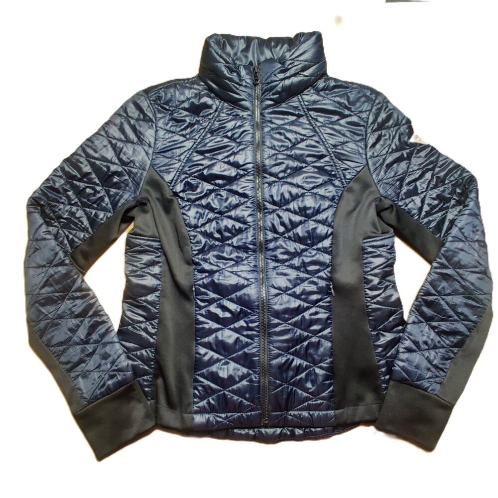 GUESS Womens Quilted Puffer Jacket L Large Blue Packable Hood Full Zip